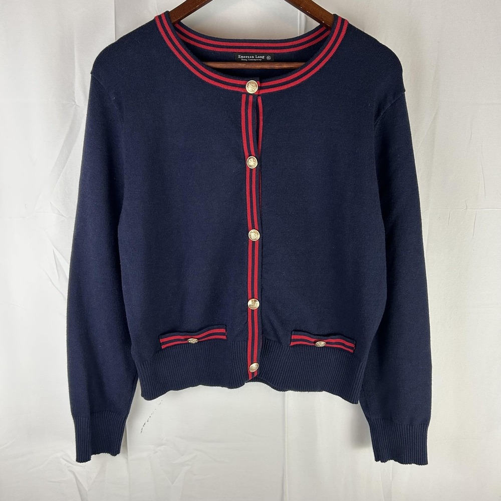 Emerson Lang‎ Cardigan Sweater Womens XL Navy Crew Neck Stripe Trim Gold Button